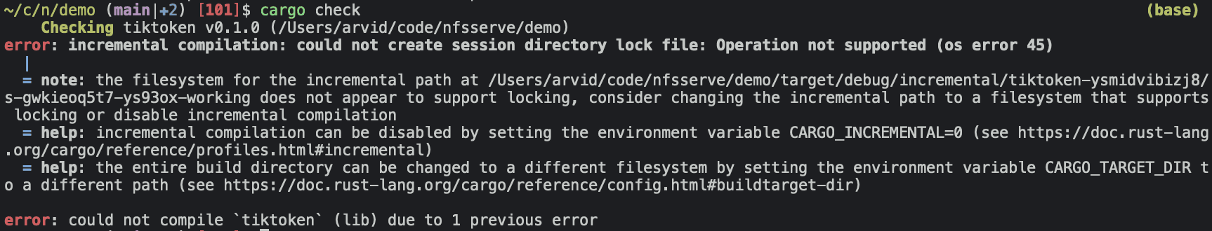 Figure 6: Cargo fails because NFSv3 does not support file locking...